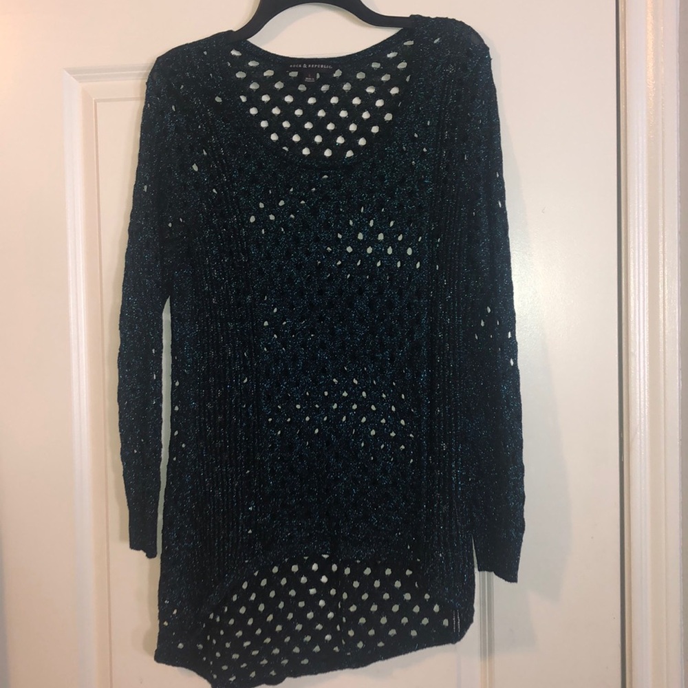 Black sweater with shiny blue threading and holes!